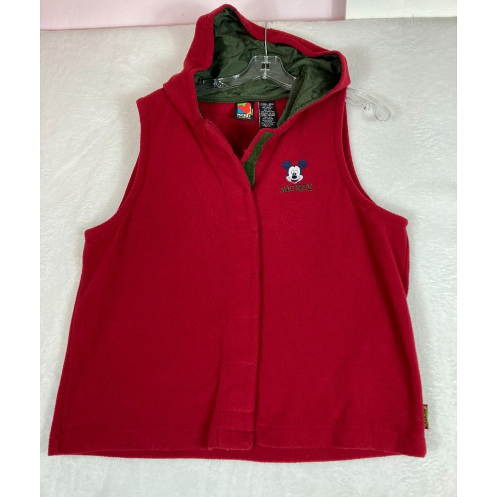 Vtg Disney Unlimited Mickey Mouse Red Fleece Hooded Vest Women's XL